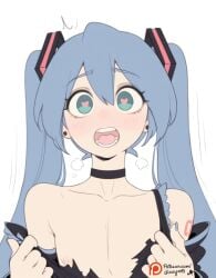 blue_hair dizzyarts female femboy femboy_on_female hatsune_miku heart heart-shaped_pupils shocked small_breasts small_penis small_waist smaller_male white_background