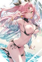 ai_generated bikini_bottom bikini_top_removed breasts_out curvy_body curvy_female curvy_figure green_eyes nicole_demara nipples one_eye_closed peace_sign pink_hair raaicave zenless_zone_zero
