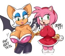 2girls amy_rose animal_ears anthro armwear asking_for_it bat bat_ears bat_wings big_breasts bimbo blue_eyeshadow bracelet breasts cleavage clothing english english_text eyeshadow fellatio_gesture female female_only green_eyes half-closed_eyes huge_breasts large_breasts lips motion_blur motion_lines nipple_bulge onomatopoeia pink_body pink_hair pink_skin red_skirt rouge_the_bat sega sexually_suggestive skirt sonic_(series) sonic_the_hedgehog_(series) squidapple text tongue tongue_out wings