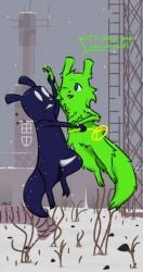 2_toes 3_fingers animal_genitalia arm_grab black_body blue_eyes bodily_fluids detailed_background duo feet female feral fingers genital_fluids genital_slit genitals green_body hi_res karma_flower male male/female midair penis rain_world saint_(rain_world) scared sky slugcat text toes vaginal_fluids videocult watcher_(rain_world) winter zalivkustsyganili