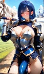 1girls ai_generated blue_hair bob_cut bsandra eating female futanari intersex kura_(bsandra) normal_breasts original original_character piercing short_hair yellow_eyes
