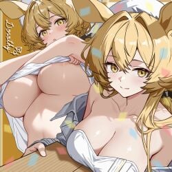 animal_ears areola_slip arknights beret blonde_hair blush breasts character_name cleavage clothes_lift confetti dorothy_(arknights) female hat highres large_breasts long_hair shirt_lift smile tokinin4 underboob yellow_eyes
