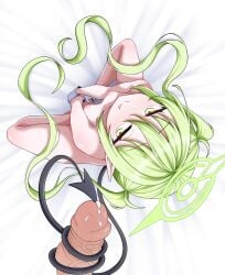 1boy :q bed_sheet black_tail blue_archive breasts closed_mouth commentary_request erection female from_above gimrondo_csne4455 gloves green_hair green_halo halo highres long_hair looking_at_viewer looking_up male nipples nozomi_(blue_archive) nude penis pointy_ears sitting small_breasts smile solo_focus straight tail tailjob tongue tongue_out twintails uncensored very_long_hair white_gloves yellow_eyes young