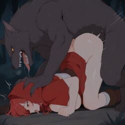1girls 1monster ai_generated big_bad_wolf breeding clothed_female doggy_style dominant_feral face_down_ass_up feral_on_human forest_background large_breasts light-skinned_female monster monster_on_female monster_on_human monster_rape rape red_eyes red_hair red_riding_hood sex submissive_female submissive_human werewolf