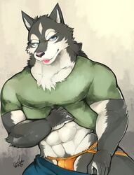 1boy anthro canine clothed clothing colored ginnosuke jockstrap looking_at_viewer male male_only mammal muscular pants_down partially_clothed simple_background solo teasing tongue tongue_out underwear undressing white_background wolf