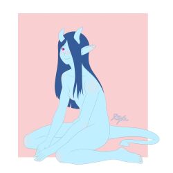 blue_body blue_hair blue_skin blush breasts convenient_censorship featureless_breasts female hair hair_covering_breasts hair_over_eye hi_res horn humanoid imp_tail mazri_(raylaruneheart) pink_eyes raylaruneheart_(artist) simple_background sitting smile solo tail tiefling