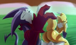 absurd_res alcoholictails anthro ass bandai_namco canid canine clothing demon digimon digimon_(species) duo fangs female fox gloves handwear hi_res imp impmon looking_back male male/female mammal meme multicolored_body renamon slap_of_god spade_tail tail teeth tongue tongue_out two_tone_body