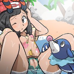 1girls ambiguous_gender bloggerman censored female furry has_uncensored_version human mosaic_censoring nintendo one_eye_closed outdoors plant pokemon pokemon_sm pokephilia popplio pussy selene_(pokemon) shirt tongue tongue_out tree water wet