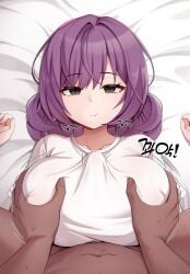 1boy 1girls :t absurdres bed_sheet black_eyes black_survival boy_on_top breasts chewing closed_mouth clothed_female_nude_male clothed_sex dark-skinned_male dark_skin double_bun eternal_return:_black_survival expressionless female grabbing_another's_breast groping hair_bun hands_up highres huge_breasts kisa_(leg3043) light-skinned_female light_skin long_hair looking_at_viewer lying male male_pov motion_lines nia_heller nude on_back paizuri paizuri_under_clothes penis_under_another's_clothes pov pov_crotch purple_hair shirt short_sleeves solo_focus straight white_shirt