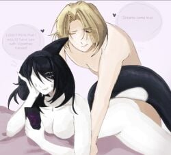 1boy 1girls artist_request breasts colored_sketch decaying_winter dialogue english_text female naked no_visible_genitalia oc orca orca_tail original_character roblox roblox_game robloxian sketch speech_bubble tagme text thighs