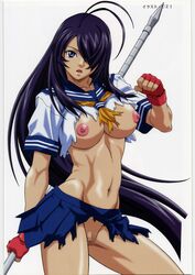 areolae artist_request blue_eyes blue_skirt breasts censored female female_only fingerless_gloves hair_over_one_eye holding holding_weapon ikkitousen kanu_unchou large_breasts legs long_hair looking_at_viewer mosaic_censoring mound_of_venus nipples no_bra no_panties parted_lips purple_hair pussy school_uniform serious shaved_pussy simple_background skirt solo standing thighs torn_clothes white_background