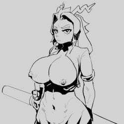 anthro antlers areola biped bovid breasts caprine clothing erect_nipples eyebrows female fingers gloves goat hair handwear horn hybrid lagomorph leporid looking_at_viewer mammal monochrome mouth_closed navel nipples pseudoregalia pupils rabbit simple_background skeleton265 solo sybil_(pseudoregalia)