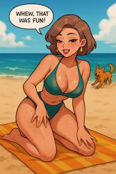 ai_generate ai_generated beach big_breasts bikini breasts female fire_emblem fire_emblem:_three_houses manuela_casagranda sand_on_skin speech_bubble