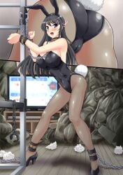 absurdres animal_ear_hairband animal_ears ass ass_focus barefoot bikini black_hair black_leotard black_pantyhose black_shoes blue_bikini blue_one-piece_swimsuit bondage breasts chains commission competition_swimsuit covered_erect_nipples covered_navel cuffs curtains fake_animal_ears female full_body hair_ornament hairband hairclip high_heels highres inset leotard long_hair medium_breasts multicolored_clothes multicolored_swimsuit multiple_views nao_takami navel one-piece_swimsuit open_mouth pantyhose playboy_bunny purple_eyes rabbit_ears rabbit_tail restrained sakurajima_mai seishun_buta_yarou seishun_buta_yarou_wa_bunny_girl_senpai_no_yume_wo_minai shackles shadow shoes side-tie_bikini_bottom skeb_commission solo straight strapless strapless_leotard swimsuit tail television trash_bag used_tissue wrist_cuffs