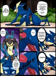 anthro anus balls blue_balls bush colored comic cum duo edit ejaculation english_text erection forest fur gaping gaping_anus greninja hands-free heart hi_res kivwolf lucario male male_only nintendo orgasm outside penetration penis pokemon pokemon_(species) red_eyes redoxx saliva shocked solo teeth text tree video_games