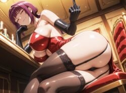 ai_generated big_ass big_breasts crossed_legs dress female female_focus from_below kikia1 middle_finger narrow_waist oboro_(taimanin_asagi) sitting skinny smirk smirking taimanin_(series) taimanin_asagi wide_hips