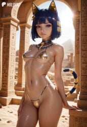 1girls ai_generated animal_crossing animal_ears ankha ankha_(animal_crossing) cat_ears cat_tail cute egyptian female female_only malshac medium_breasts micro_bikini pose solo sweat sweaty tail thick_thighs
