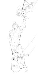anthro areola ass biped blush bodily_fluids bulge clothed clothing duo female hair hi_res humanoid lagomorph leporid looking_up male mammal monochrome mostly_nude navel nipple_fetish nipple_play nipple_pull nude rabbit simple_background skeleton265 tail tongue tongue_out underwear underwear_only white_background