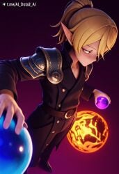1girl ai_dota_ai ai_generated armor artist_name belt blonde_hair closed_mouth coat dota_2 elf female female_focus glowing holding invoker long_sleeves orb pauldrons pointy_ears ponytail purple_background shoulder_armor solo standing vicineko_style white_eyes