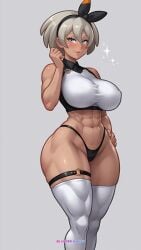 1girls abs ai_generated ai_loverhoney bea_(pokemon) big_breasts brown_skin brown_skinned_female curvy_female curvy_figure female female_only game_freak grey_eyes grey_hair hand_on_hip headband large_breasts looking_at_viewer muscular muscular_arms muscular_female muscular_thighs nintendo pokemon pokemon_ss short_hair standing thick thick_thighs thong thunder_thighs voluptuous voluptuous_female white_hair wide_hips