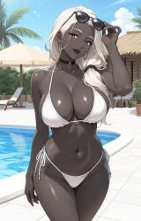 1girls african_female ai_generated background bare_shoulders belly_button big_breasts bikini bikini_bottom bikini_top breasts brown_eyes choker cleavage commentary_request curvy dark-skinned_female dark_lipstick dark_skin day daytime earrings eyewear_removed female female_focus female_only hair hair_over_shoulder hips hourglass_figure large_breasts lia_the_busty_redhead lifting_sunglasses long_hair looking_at_viewer midriff navel_piercing original original_character outdoors outside pool seductive seductive_look seductive_smile self_upload side-tie_bikini sideboob solo solo_female solo_focus standing sunglasses sunny tagme tied_hair voluptuous water wavy_hair white_bikini white_eyebrows white_hair wide_hips