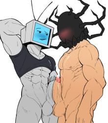 2boys breasts cum cum_drip cum_on_body cum_on_breasts cum_on_clothes cum_on_clothing frot gay grey_body grey_skin male male/male male_only muscles muscular muscular_male object_head oynrix robot shirt shirt_only shirt_up t-shirt television television_head tv_head vein veiny_penis