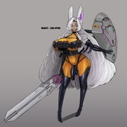 ammunition_pouch arm_at_side armor bar_censor black-framed_eyewear bodysuit boots breastplate breasts censored chest_harness covered_penis dark_skin english_text explosive eyes_visible_through_hair female futanari grenade grey_background hair_intakes harness highres holding holding_sword holding_weapon impossible_bodysuit impossible_clothes intersex jacket large_breasts long_hair mechanical_ears open_clothes open_jacket original outstretched_arm pink_eyes platinum1945 pouch science_fiction semi-rimless_eyewear shield_module skin_tight sword thick_thighs thigh_boots thighhighs thighs under-rim_eyewear very_long_hair weapon white_hair white_jacket yellow_bodysuit