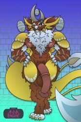 4_toes 5_fingers abs animal_genitalia animal_penis annaengine anthro aranga_(dragon_adventures) arm_tuft balls biceps big_balls big_penis big_tail blue_background brooch brown_body brown_fur cheek_tuft chest_fur chest_tuft claws digital_drawing_(artwork) digital_media_(artwork) digitigrade dragon dragon_adventures easter easter_egg equine_genitalia equine_penis facial_piercing facial_tuft fan_character fangs feet fingers flaccid fluffy fluffy_chest front_view fur fur_markings genitals hands_on_hips hi_res holidays horn leg_tuft looking_at_viewer male markings medial_ring multicolored_body multicolored_fur muscular muscular_anthro muscular_male mythological_creature mythological_scalie mythology navel nipples nose_piercing nose_ring nude paws pecs penis piercing ring_piercing roblox sabertooth_(anatomy) saggy_balls scales scalie sharp_teeth simple_background smile smiling_at_viewer solo spikes spikes_(anatomy) spots spotted_body spotted_markings standing striped_body striped_fur striped_markings stripes tail teeth toe_claws toes tuft white_body white_fur yellow_body