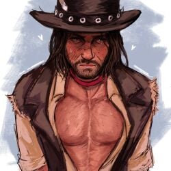 1boy angry beard beard_stubble blush blushing body_hair chest_hair chest_out collar color cowboy cowboy_hat embarrassed facial_hair fr4nkt_4 heart_symbol john_marston male male_only man_boobs moobs mustache nipples pecs red_dead_redemption_(series) red_dead_redemption_2 sweatdrop tagme you're_fucking_gay_as_in_homosexual