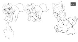 ambiguous_gender blush bodily_fluids closed_eyes disembodied_hand duo eyebrows feet female feral finger_in_mouth fur generation_9_pokemon hi_res looking_at_viewer lying nintendo on_back open_mouth pawpads pokemon pokemon_(species) pupils quadruped simple_background skeleton265 spread_toes sprigatito sweat tail toes white_background
