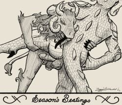 anthro armor ass balls bovid caprine caprine_demon christmas demon digital_media_(artwork) dragonborn_(dnd) dungeons_and_dragons duo erection genitals goat_demon hasbro holidays horn krampus male male/male mammal nude penis scalie tail unconvincing_armor wizards_of_the_coast wrestling ziggyschlacht
