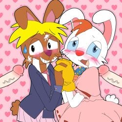 2025 2boys absurd_res adorable alice_in_wonderland alice_in_wonderland_(1951_film) anthro blush bodily_fluids cheek_tuft cosplay crossdressing crossover cum cum_on_face cure disney dress drooling duo eastern_and_western_character facial fang fully_clothed furry furry_male girly gloves half-closed_eyes heart_background hi_res human human_penis humanoid_penis leporid long_ears looking_at_viewer male male_only mammal march_hare_(disney) necktie oerba_yun_fang open_mouth otoko_no_ko pleated_skirt puffy_short_sleeves rabbit reisen_udongein_inaba reisen_udongein_inaba_(cosplay) roger_rabbit smile svenniehoek sweat sweatdrop tail teeth tewi_inaba toony touhou tuft veiny_penis who_framed_roger_rabbit yaoi
