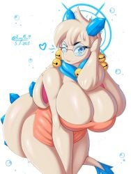 1girls aceymari angela_flux angela_flux_(kiseff) anthro atlyss big_breasts blue_eyes blush breasts cleavage dress eyewear female female_only furry heart hips huge_breasts kubold_(atlyss) mature mature_female mature_woman one_eye_closed orange_dress ornament round_glasses short_dress solo solo_female tail thighs white_body white_skin wide_hips wink winking