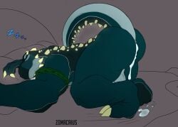 anthro anus ass balls bed bodily_fluids brightosaur cum cum_in_ass cum_inside dinosaur furniture genital_fluids genitals hekar hi_res male nude on_bed prehistoric_species raised_tail reptile scalie sleeping solo sound_effects spikes spikes_(anatomy) tail vowelless vowelless_sound_effect zomacaius zzz