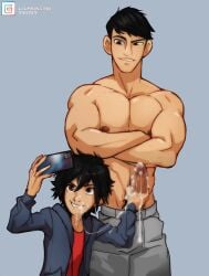 arms arms_crossed arms_crossed_under_pecs big_hero_6 black_hair brother brothers cum_drip cum_in_mouth cum_leaking cum_on_face cum_string cumshot disney grinning_at_partner handjob hiro_hamada holding_penis holding_phone idoraa idoraad idoraado incest lilprincyvi male male_focus male_only marvel marvel_comics muscular nipples pecs shirtless shirtless_male short_hair smaller_male smiling_at_partner standing tadashi_hamada