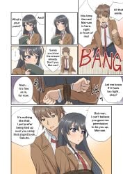 1boy 2girls absurdres arms_behind_back azusagawa_kaede azusagawa_sakuta ball_gag between_breasts black_hair black_pantyhose blush bondage book bound bound_ankles bound_arms bound_legs bound_thighs bound_torso breasts comic cosplay drooling english_text female female_focus frogtie gag gagged highres indoors jacket kigurumi kneeling legs_together long_hair long_sleeves lying lying_on_lap male medium_breasts misunderstanding multiple_girls necktie necktie_between_breasts no_shoes on_back on_cushion on_floor open_clothes open_jacket open_mouth pantyhose photo_(object) pleated_skirt purple_eyes rope sakurajima_mai saliva saliva_puddle saliva_trail school_uniform seishun_buta_yarou seishun_buta_yarou_wa_bunny_girl_senpai_no_yume_wo_minai shibari_over_clothes shirt simple_background skirt solo speech_bubble straight tagme tamawwwwwwwww tie unworn_gag wiffle_gag wooden_floor