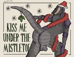 anthro anus armor ass balls black_body black_scales christmas christmas_clothing christmas_headwear clothing digital_media_(artwork) dragonborn_(dnd) dungeons_and_dragons english_text genitals hasbro hat headgear headwear holidays holly_(plant) horn looking_at_viewer looking_back looking_back_at_viewer male nude plant purple_eyes raised_tail rear_view santa_hat scales scalie solo tail text unconvincing_armor wizards_of_the_coast ziggyschlacht