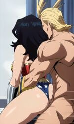 1boy 1girl ai_generated all_might bedroom behind_view big_breasts black_hair blonde_hair clothed_female crossover curvy dc diana_prince female indoors long_hair male motion_lines muscular muscular_male my_hero_academia naked nude nude_male pixai sex slim_waist superhero superhero_costume superheroine thick_thighs toshinori_yagi wonder_woman wonder_woman_(series)