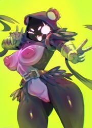 anthro areola armor bear belt biped black_body black_fur breasts clothing epic_games eyebrows eyelashes female fingers fortnite fur gauntlets genitals gloves handwear hi_res mammal multicolored_body multicolored_fur nipples one_eye_closed open_mouth open_smile purple_body purple_fur pussy raven_team_leader sachsech205 simple_background smile solo tongue tongue_out yellow_background