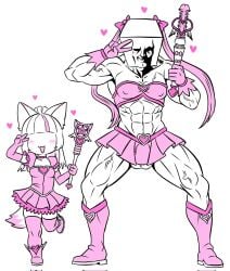 abs anthro armwear balls biped blush bottomwear clothing domestic_cat duo elbow_gloves felid feline felis female footwear genitals gesture gloves hair hand_gesture handwear hi_res humanoid magical_girl_outfit male mammal muscular open_mouth open_smile shoes simple_background skeleton265 skirt smile standing tail v_sign white_background