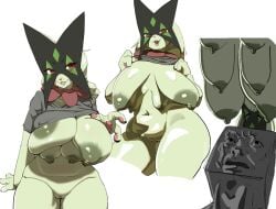 3_fingers anthro areola biped closed_eyes closed_smile clothed clothing clothing_lift duo female fingers front_view generation_9_pokemon genitals hi_res humanoid male meowscarada mouth_closed multi_nipple nintendo nipples open_mouth pawpads pink_nose pokemon pokemon_(species) pupils pussy red_eyes shirt shirt_lift skeleton265 smile standing teeth tongue tongue_out topwear