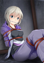 anastasia_(idolmaster) arms_behind_back blue_eyes blush bondage bound bound_ankles bound_arms bound_legs breast_bondage cleave_gag collarbone female gag gagged hoodie idolmaster idolmaster_cinderella_girls long_sleeves looking_at_viewer rope short_hair sitting solo tied_up white_hair yasume_yukito