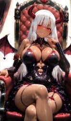 1girls ai_generated aimi_(bsandra) bat_wings blush bsandra dark_skin demon demon_girl female glowing_eyes horn large_breasts licking_own_lips long_hair medieval_fantasy original original_character red_eyes straight_hair succubus tanned white_hair yandere