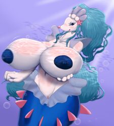 1girls 4_fingers anthro areolae athena_(megustalikey) blue_fur blue_hair blush breast_squish breasts bubble clitoris female fish furry gradient_background hair huge_breasts hyper hyper_breasts long_hair megustalikey nintendo nipples pokemon pokemon_sm primarina purple_background pussy sea simple_background solo tongue tongue_out underwater video_games water white_fur white_skin