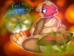 anthro ass avian big_butt bird breasts clothed clothing crown digital_media_(artwork) duo facesitting fart fart_cloud farting_on_another farting_on_face female galliform hair headgear hi_res holidays inactivelime male male/female mammal phasianid simple_background sitting_on_another tail text thanksgiving turkey