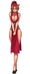 bare_shoulders breasts brown_eyes cg cleavage curvy dress female full_body hentai_heroes high_ponytail highleg_panties kinkoid large_breasts long_hair looking_at_viewer no_bra official_art orange_hair panties parody parted_lips pelvic_curtain ponytail red_battler_(hentai_heroes) revealing_clothes sash simple_background solo standing thick_thighs thighs transparent_background val_red_battler_(hentai_heroes) wide_hips