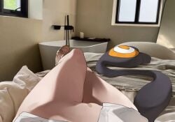 english_commentary female female_pov gigi_murin highres hololive hololive_english indoors maebari mr_thecatman on_bed photo_background pov sandals shirt solo tail virtual_youtuber white_shirt