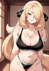 1female 1girls ai_generated big_breasts blacked blacked_clothing cynthia_(pokemon) female large_breasts looking_at_viewer nintendo pokemon solo solo_female solo_focus