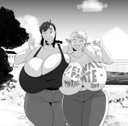2003 2girls ;p arm_around_neck asymmetrical_bangs bare_arms bare_shoulders braid braided_hair building choker chubby chubby_female cleavage cloud cowboy_shot day elf elf-san_wa_yaserarenai elf_ears elf_female elfuda facing_viewer female female_only french_text happy_female harorlood huge_breasts human human_female jpg legs_together light_blush looking_at_viewer marina_(harorlood) monochrome original original_character outdoors sky standing t-shirt tagme tank_top thick_thighs tongue_out translated twitter_link v winking_at_viewer