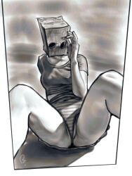 1girls 2024 box box_on_head clothed clothed_female extinctyellow female female_focus female_only hollow_eyes labia mask masked_female skirt solo solo_female striped_panties watermark